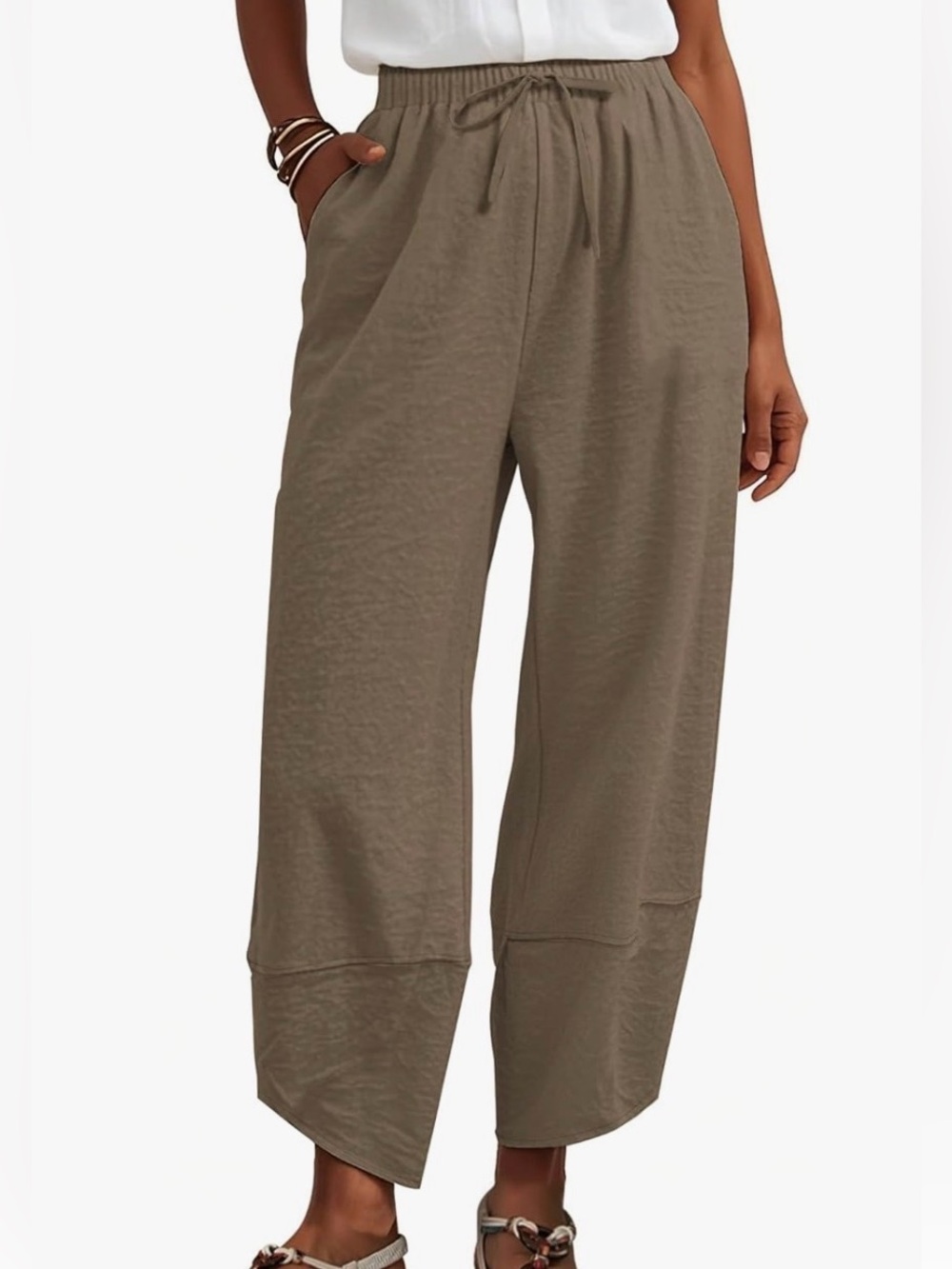 Wide-Leg Drawstring Pants Tulip Hem in Beige #335 - Picture 4 of 16